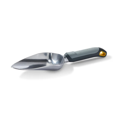 The Heavy Duty Trowel at an angle, showing the polished aluminum scoop and soft grip handle