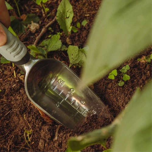 The Heavy Duty Transplanter digging into soil, showing the depth markings on the scoop