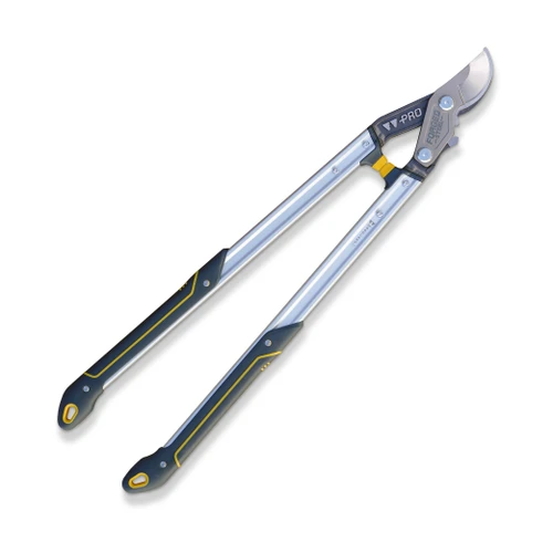 The Pro Series 32 inch Forged Lopper open, with aluminum handles and black and yellow grips