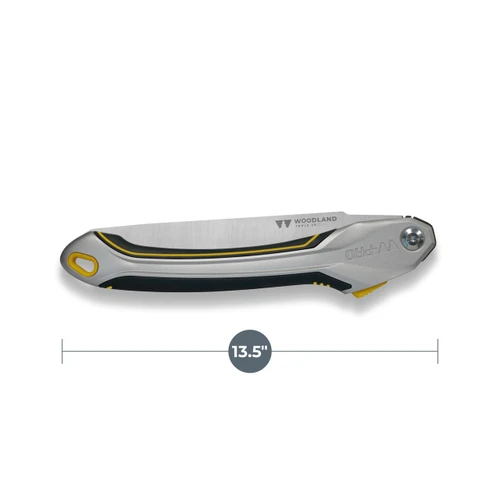 The Pro Series 12 inch Folding Saw closed with a 13.5 inch length measurement