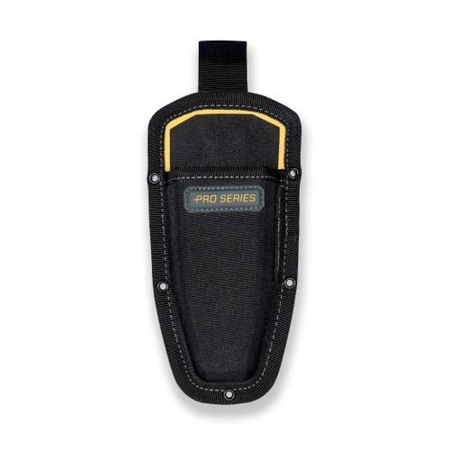 The Pro Series tool sheath at an angle, showing the reinforced stitching and yellow trim