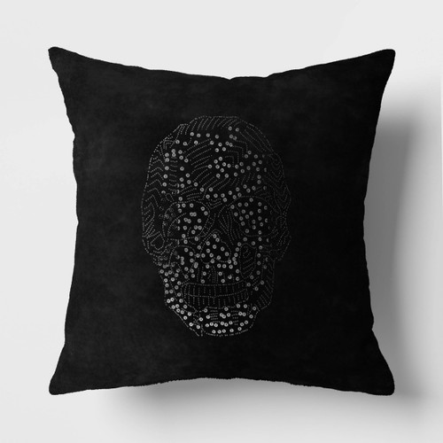 Beaded Skull Velvet Square Throw Pillow, Black