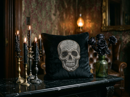 Beaded Skull Velvet Square Throw Pillow, Black