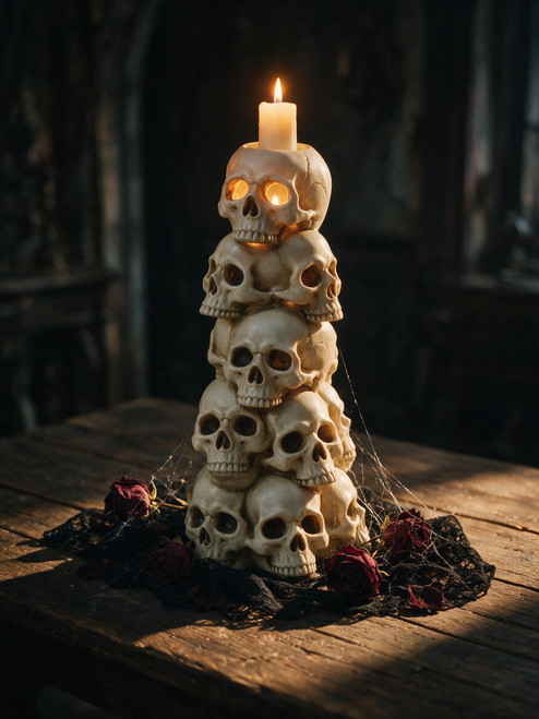 Lit Plastic Tall Stacked Skull Blow Mold Decorative Sculpture