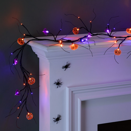 Black Willow Branch Bat and Pumpkin LED Garland with Timer