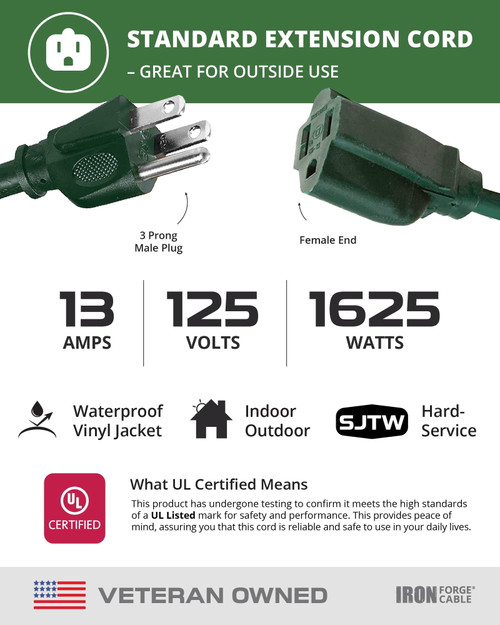 50 Ft Outdoor Extension Cord — 16/3 Durable Green Cable