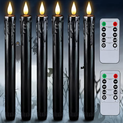 Black Flameless Taper Candles with Remote and Timer, 6 pcs, 