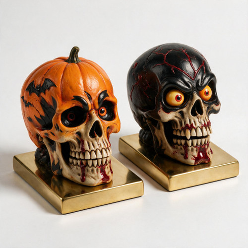 Animated Skull Bookend Pair — Premium Edition