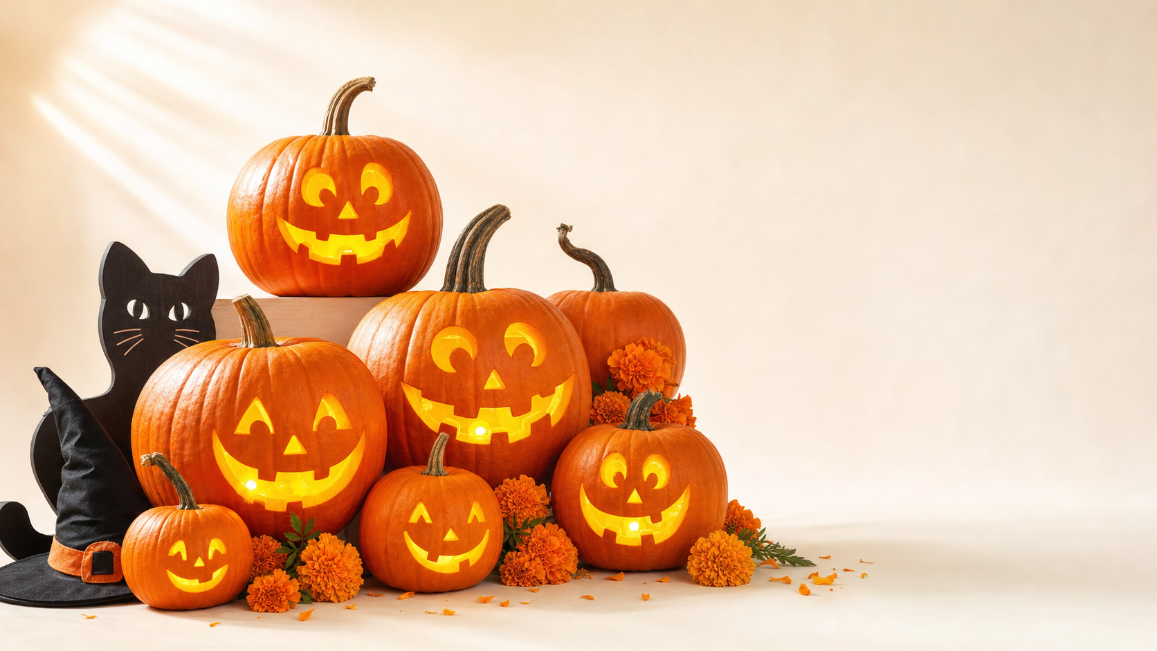 Halloween decor arranged on cream backdrop