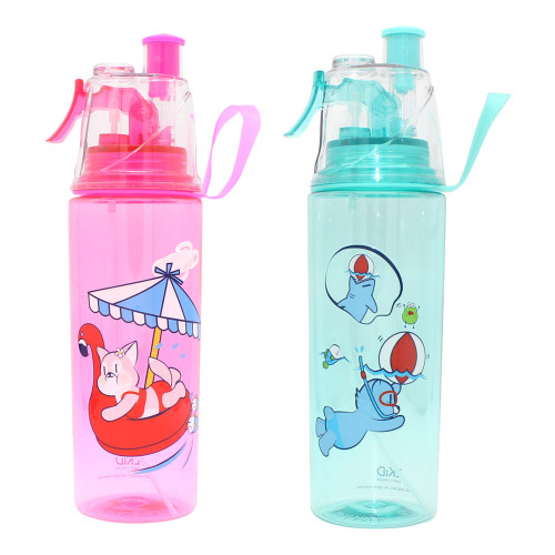 2 Pack 21oz 2 in 1 Kids Sport Drinking Water Bottle Spraying Bottle with Straw & Strap Flip Top Leak Proof BPA Free & Clear Plastic Spray-Head Cup for Cycling Camping Hiking