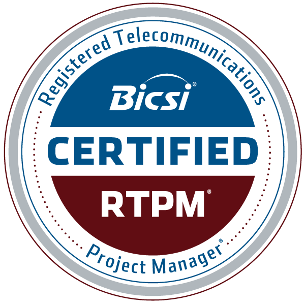 RTPM&reg; badge image. Certification. Advanced level. Issued by BICSI ICT Certification Institute