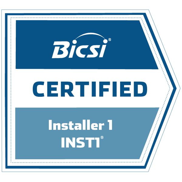 INST1&reg; badge image. Learning. Foundational level. Issued by BICSI ICT Certification Institute