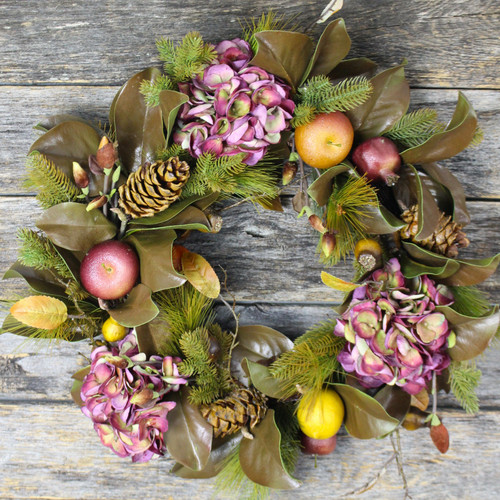 Artificial Magnolia Wreath 24" | Hydrangea & Fruit