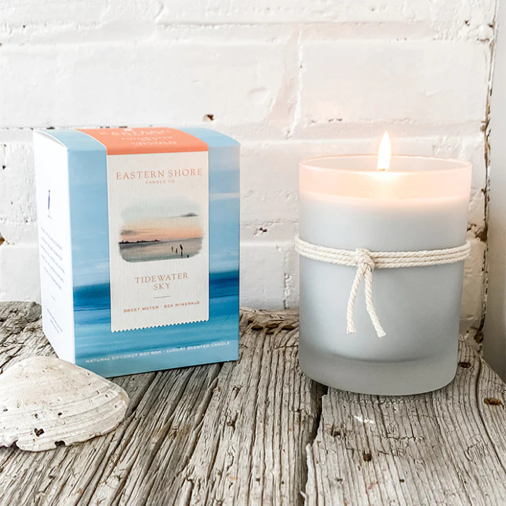 Tidewater Sky candle with box. photo courtesy of Eastern Shore Candle Co.