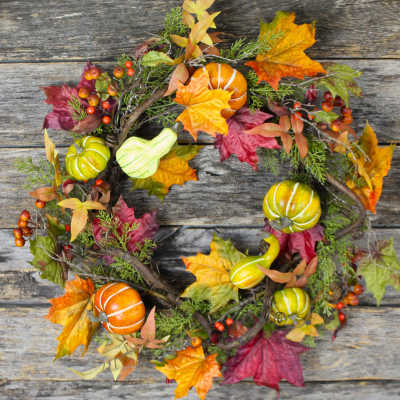 Maple pumpkin & berry wreath beautiful adorned with colorful maple leaves, mon-gourds and bittersweet