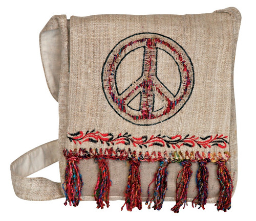 Hemp messenger bag with beautiful silk fringe and Peace sign