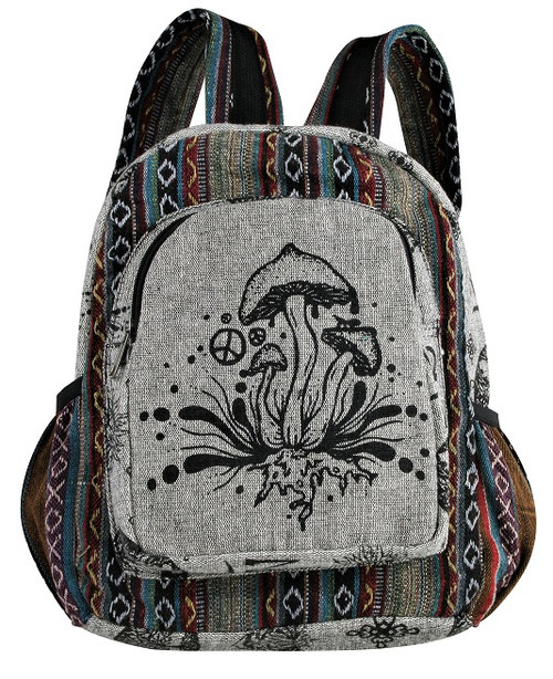100% cotton back pack with adjustable straps. 2 open pockets on both sides of the bag, suitable for carrying water bottles. The inside of the main zip up compartment is designed to hold a laptop, with a velcro strap for safe keeping. There is another large zip up compartment located on the front of the bag, with a mushroom block print design. 15" x 13".