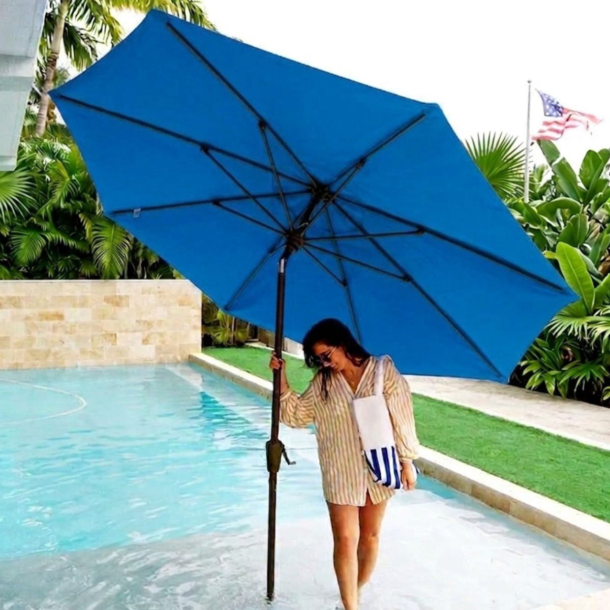 best pool patio outdoor furniture with umbrella for chlorine pools Ledge Lounger Premier Aluminum Simply secure it Saltwater pool umbrella recommendations?