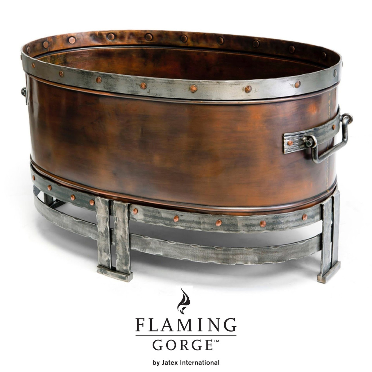 Flaming Copper Fire pit with hand wrought Iron Base