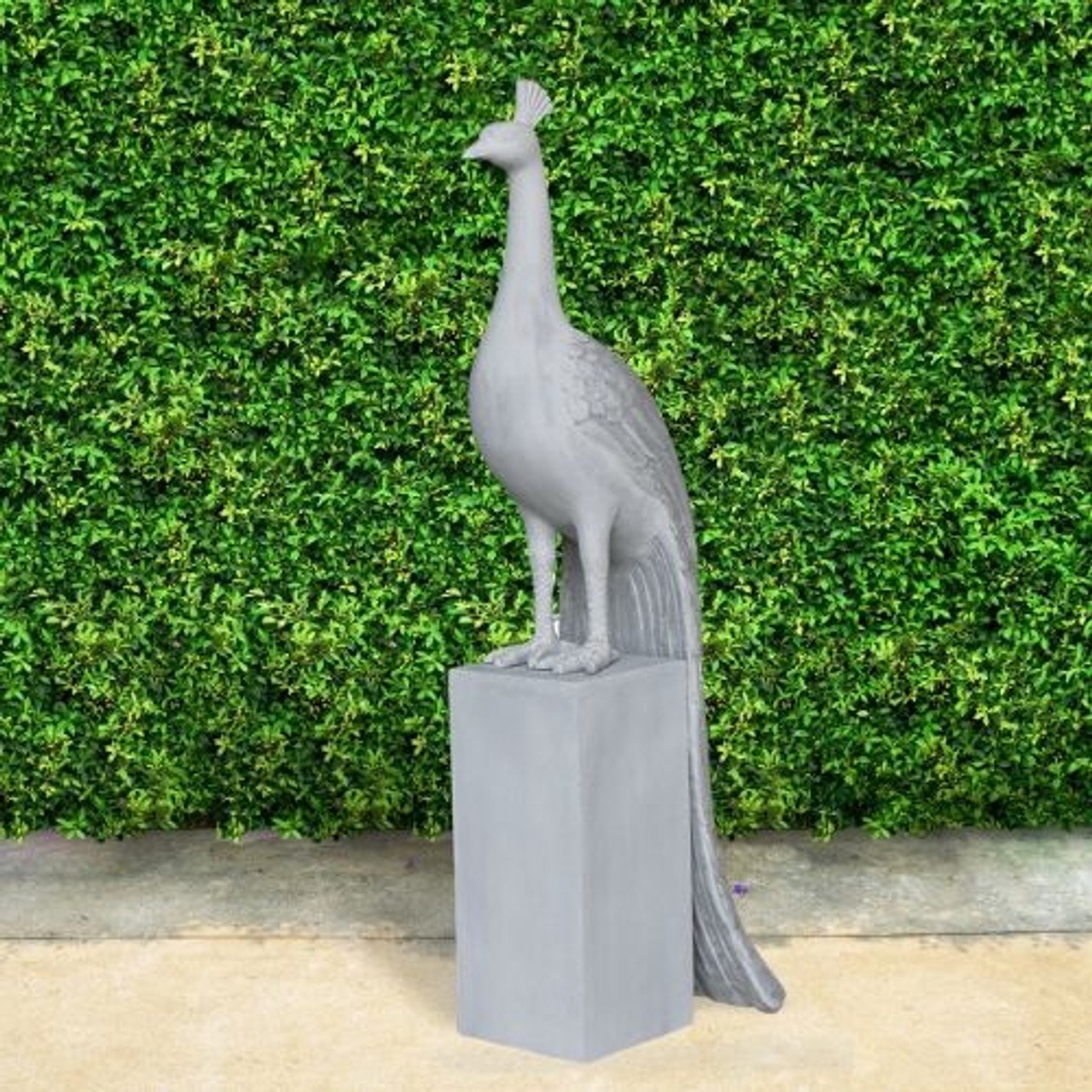 Glamorous Peacock and Pedestal Outdoor Art Polystone Garden Statuary