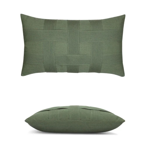 Basketweave Fern Lumbar Elaine Smith outdoor pillow, 12" x 20" | front view with side-view inset