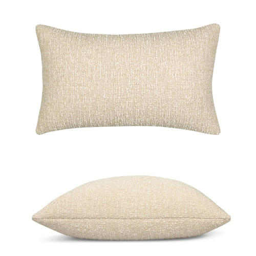 Alto Crema Lumbar Elaine Smith outdoor pillow, 12" x 20" — front view with side-view inset