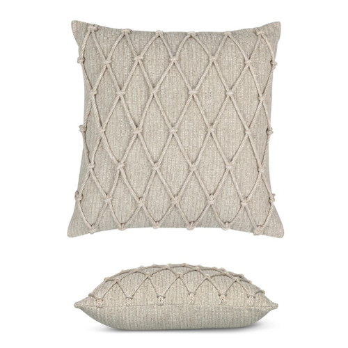 Macrame Fawn Elaine Smith outdoor pillow, 20" square | front view with side-view inset