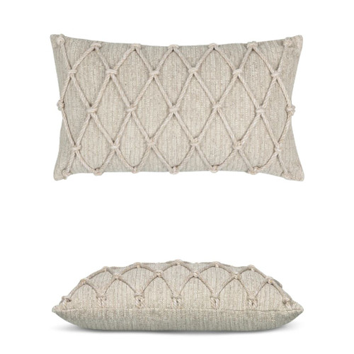 Macrame Fawn Lumbar Elaine Smith outdoor pillow, 12" x 20" | front view with side-view inset