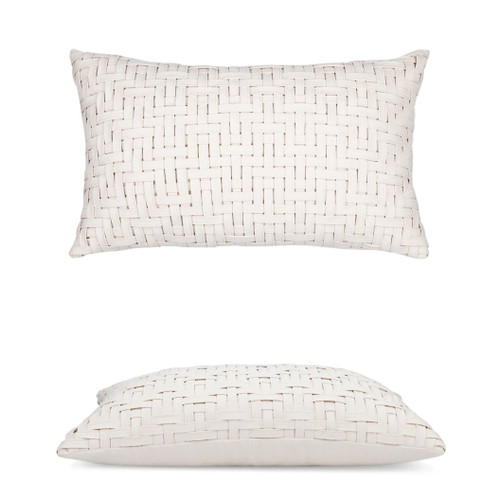 Weave Bisque Lumbar Elaine Smith outdoor pillow, 12" x 20" | front view with side-view inset