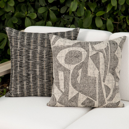 Ebony Pillow Package styled on a neutral outdoor sofa | Influence Ebony and Intertwine Ebony