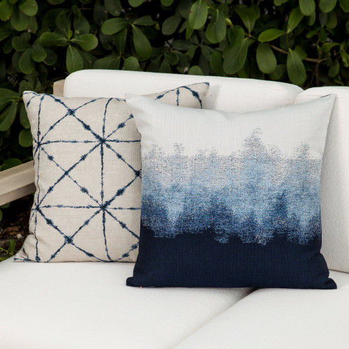 Indigo Pillow Package styled on a neutral outdoor sofa | Artful Midnight and Trilogy Indigo