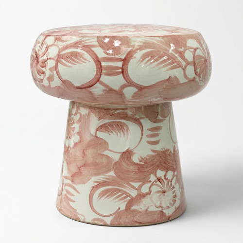 Coral Red Silla Flower Cloud porcelain garden stool on a white background