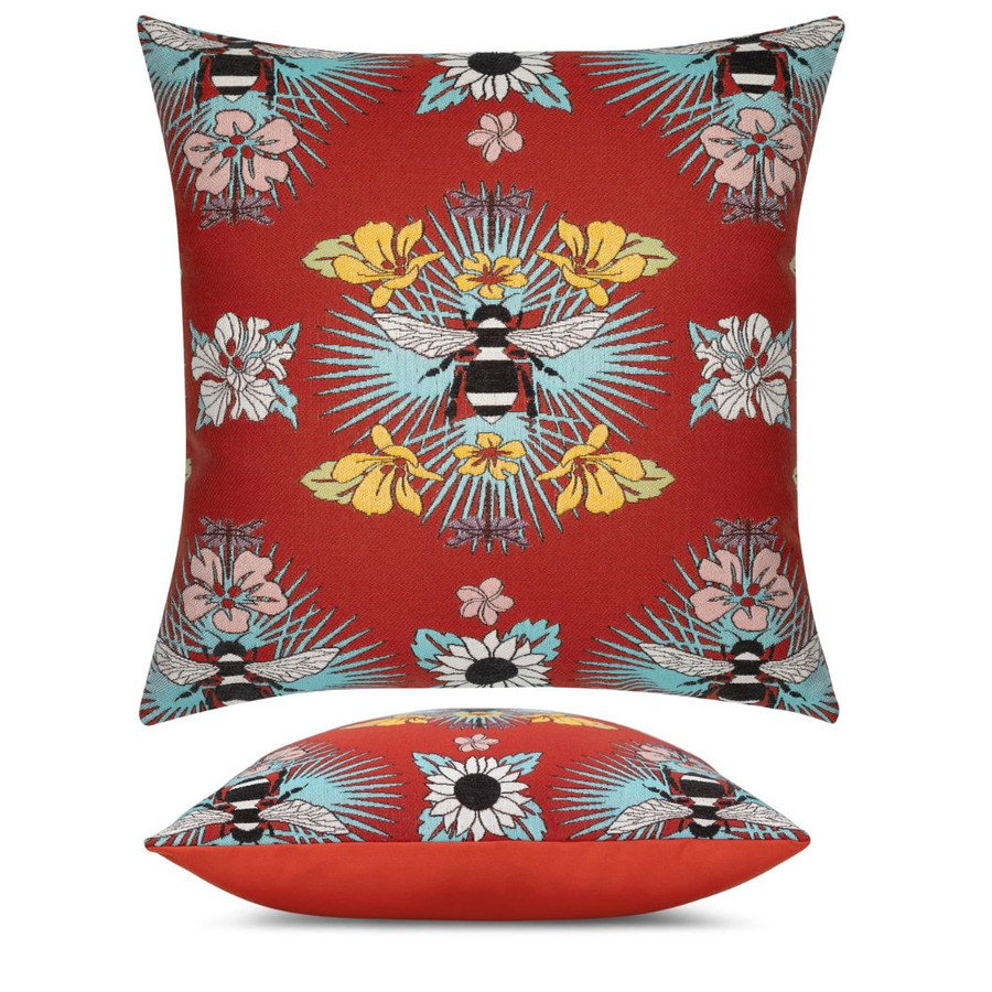 Tropical Bee Elaine Smith outdoor pillow, 22" square | front view with side-view inset
