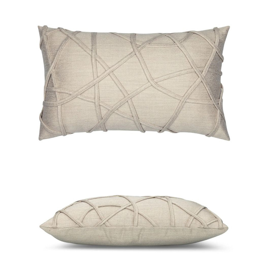 Illusion Linen Lumbar Elaine Smith outdoor pillow, 12" x 20" | front view with side-view inset