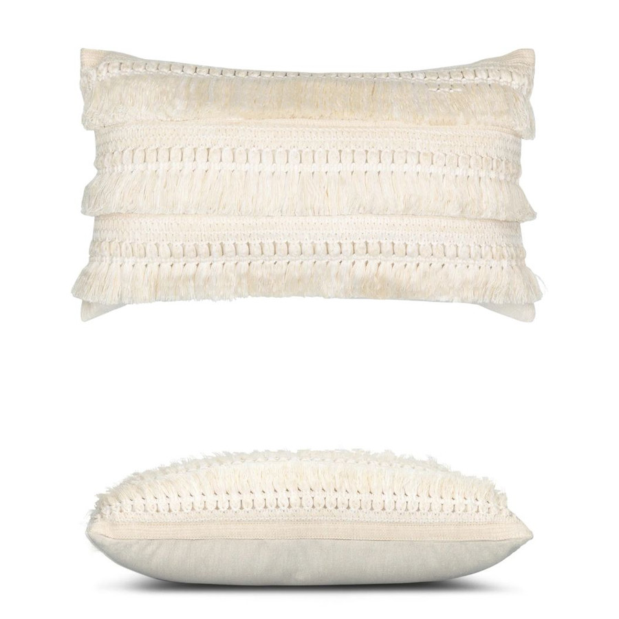 Cascade Crema Lumbar Elaine Smith outdoor pillow, 12" x 20" | front view with side-view inset