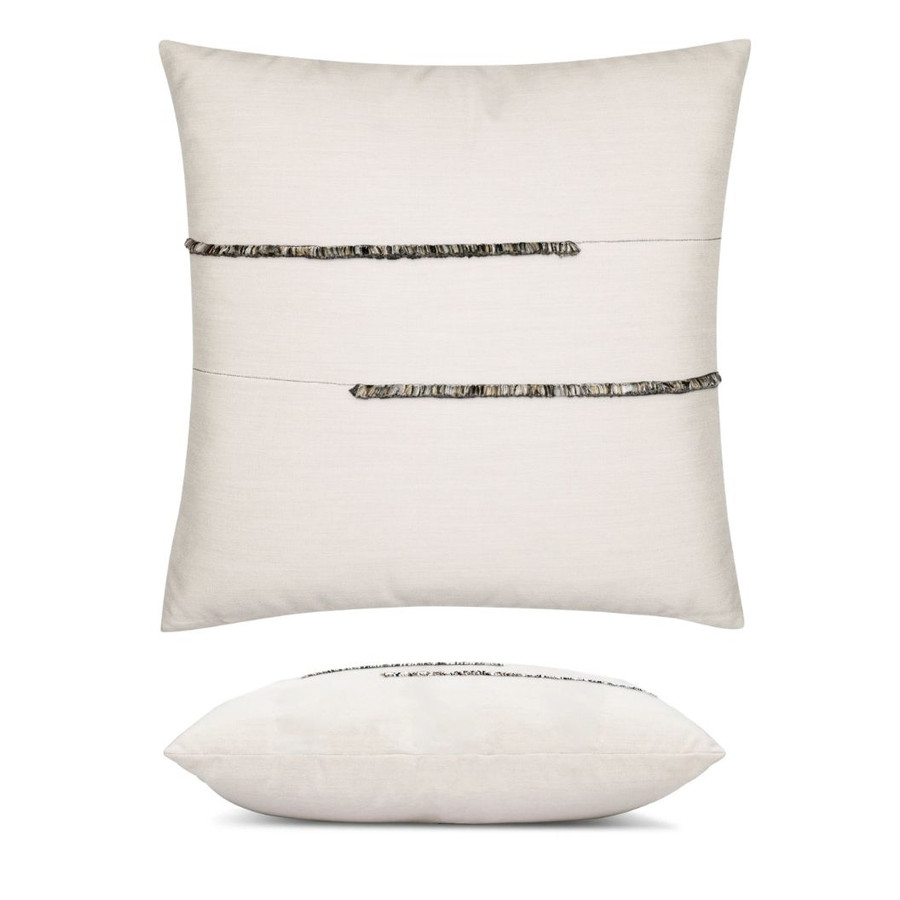 Micro Fringe Grigio Elaine Smith outdoor pillow, 20" square — front view with side-view inset