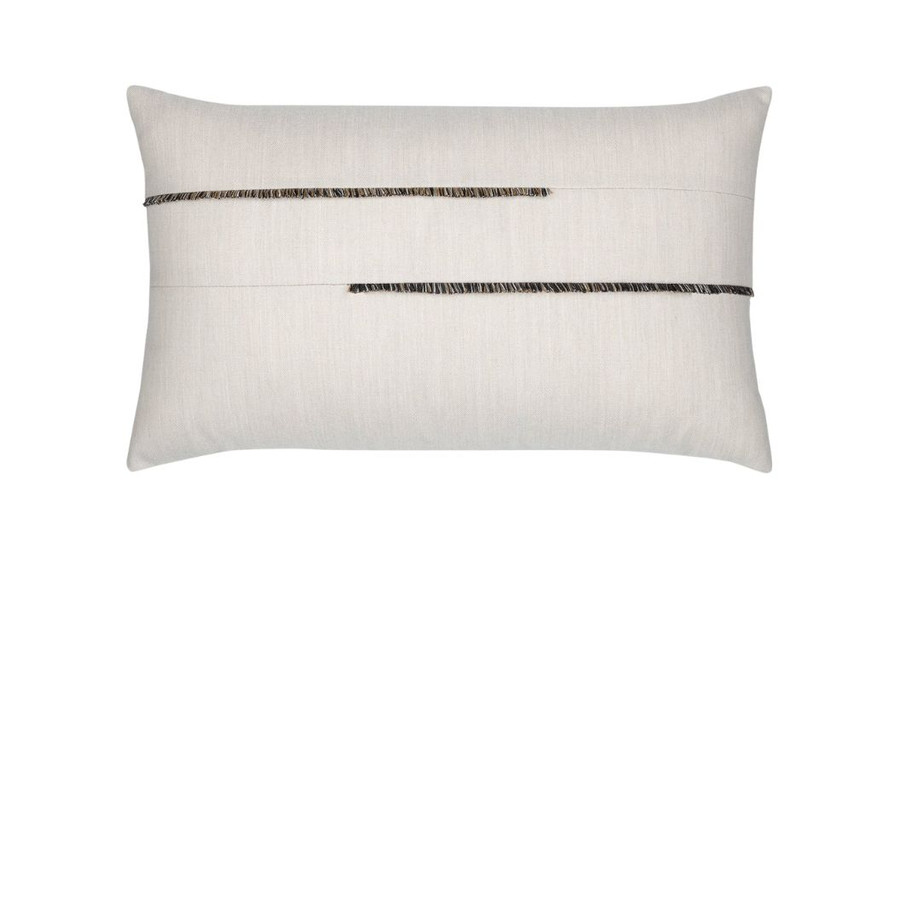 Micro Fringe Grigio Lumbar Elaine Smith outdoor pillow, 12" x 20" — front view with side-view inset