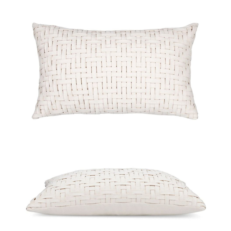 Weave Bisque Lumbar Elaine Smith outdoor pillow, 12" x 20" | front view with side-view inset