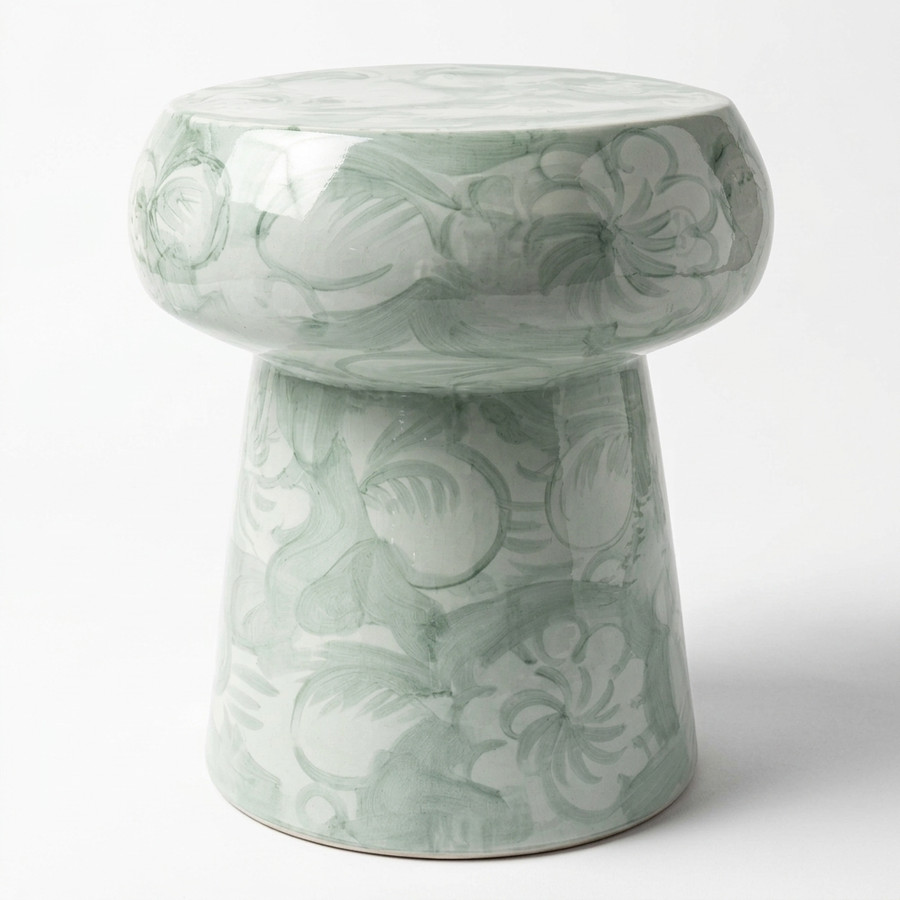 Green & White Silla Flower Cloud porcelain garden stool on a white background