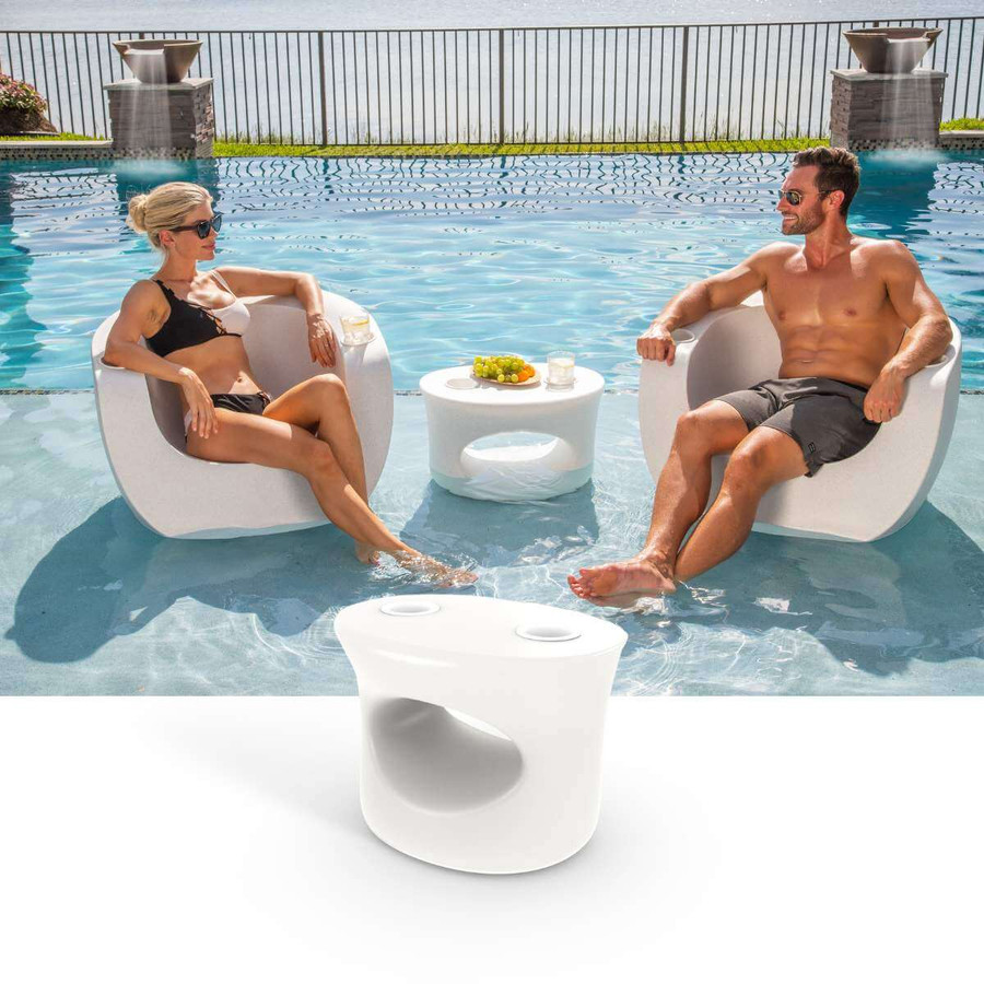White Granite Amped Side Table between Moon Splash Chairs
