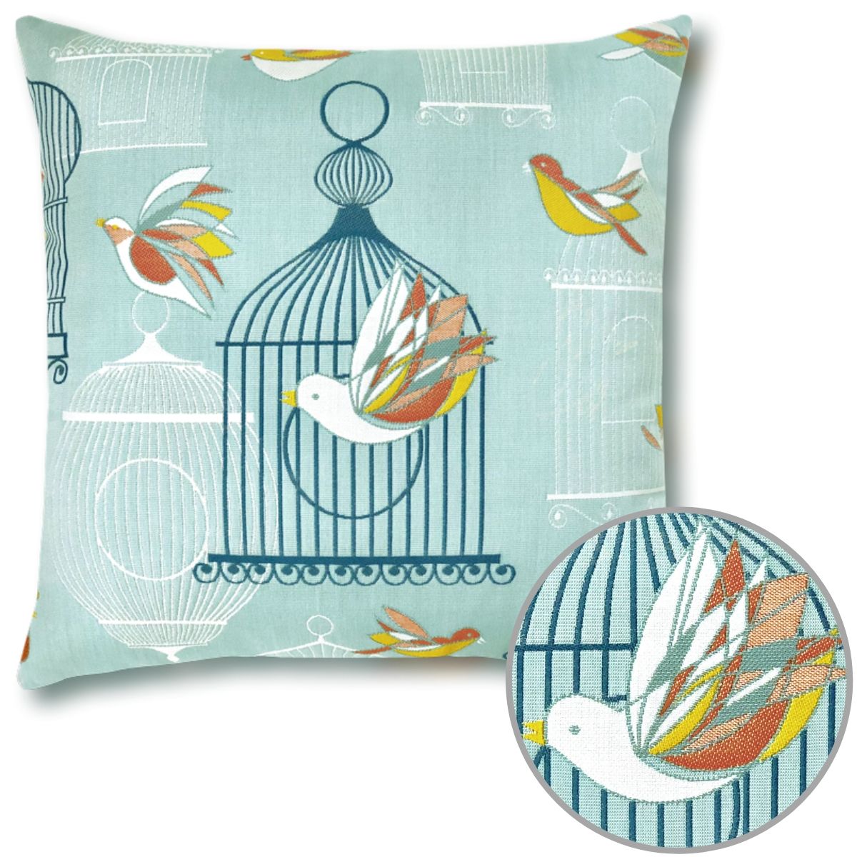The Birds and Cages design from Elaine Smith graces this exuberant 22" square Pillow that is suitable for full outdoor use.