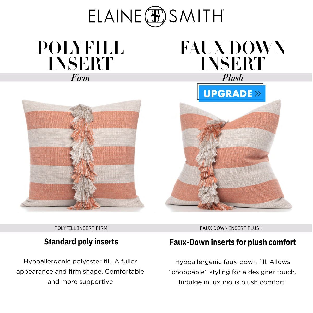 Elaine Smith pillow insert comparison: standard poly fill vs. faux-down upgrade