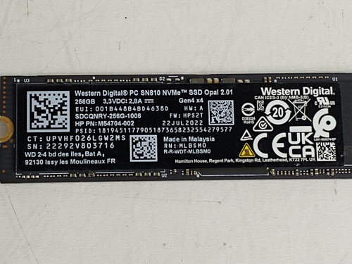 Western Digital SN810 SDCQNRY-256G 256 GB NVMe 80mm Solid State Drive