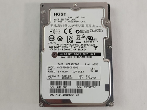 Lot of 2 HGST EMC HUC156060CSS200 CLAR600 600 GB 2.5 in SAS 3 Server Hard Drive