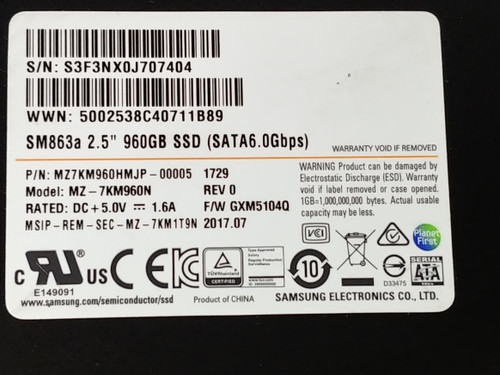 Lot of 5 Samsung SM863a MZ-7KM960N 960 GB 2.5 in Solid State Drive