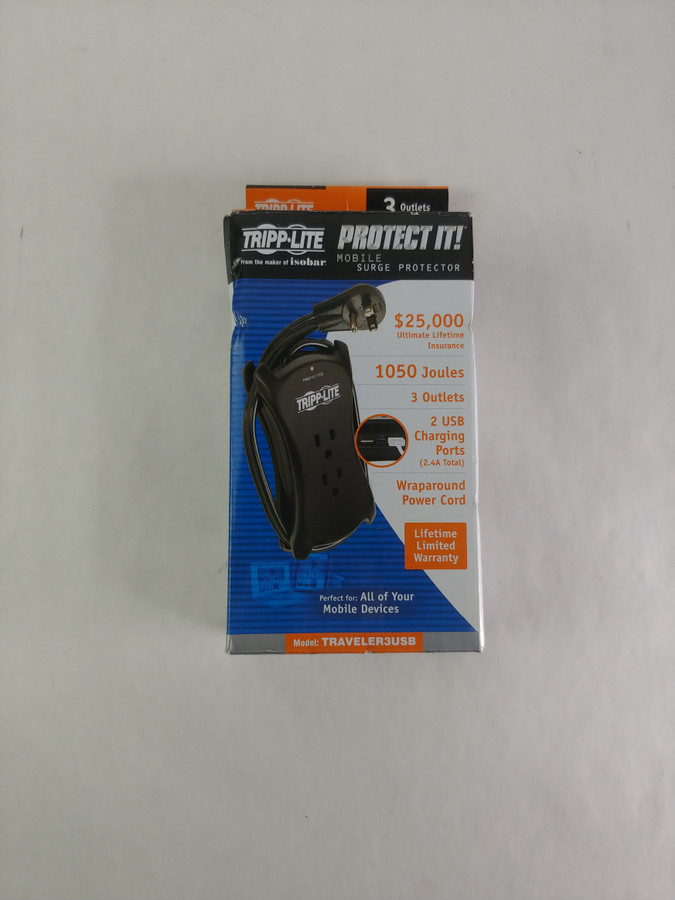 New Tripp Lite TRAVELER3USB 3-Outlet Travel-Size Surge Protector with 2 USB