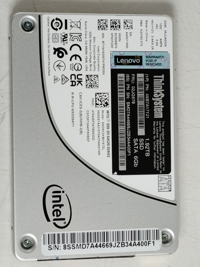 Intel Lenovo D3-S4520 SSDSC2KB019TZL 1.92TB SATA III 2.5 in Solid State Drive