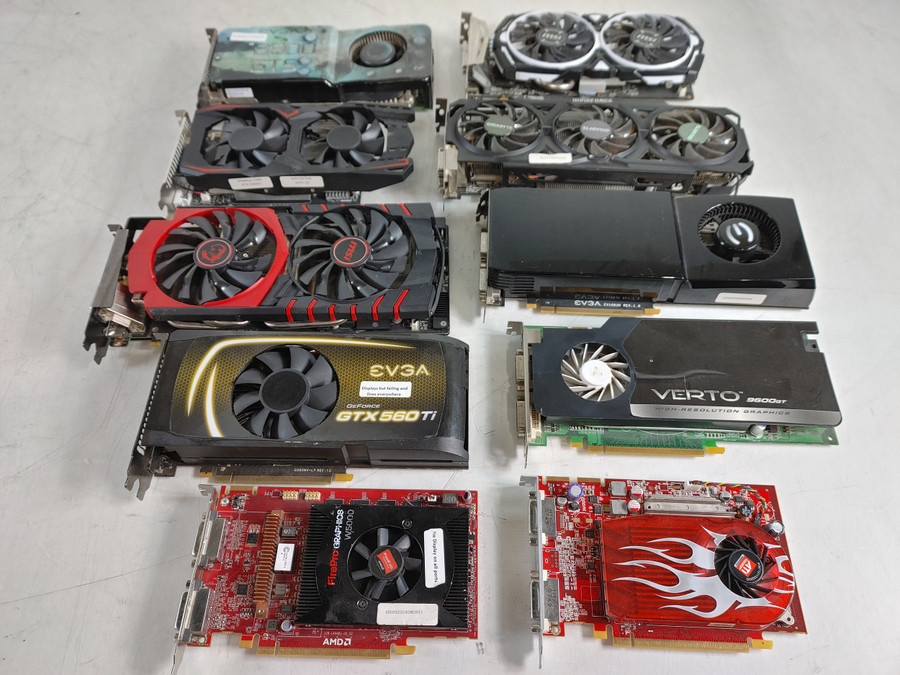 Lot of 10 Nvidia GTX 980 TI GTX 560 TI, RX 470, 8800 GTS, 9600 GT, RV 630, R9 270X, GTX 1050 TI, W5000, GTX 260 For Parts