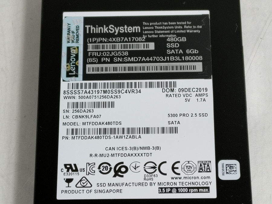 Lot of 2 Micron Lenovo 480 GB SATA III 2.5 in Solid State Drive