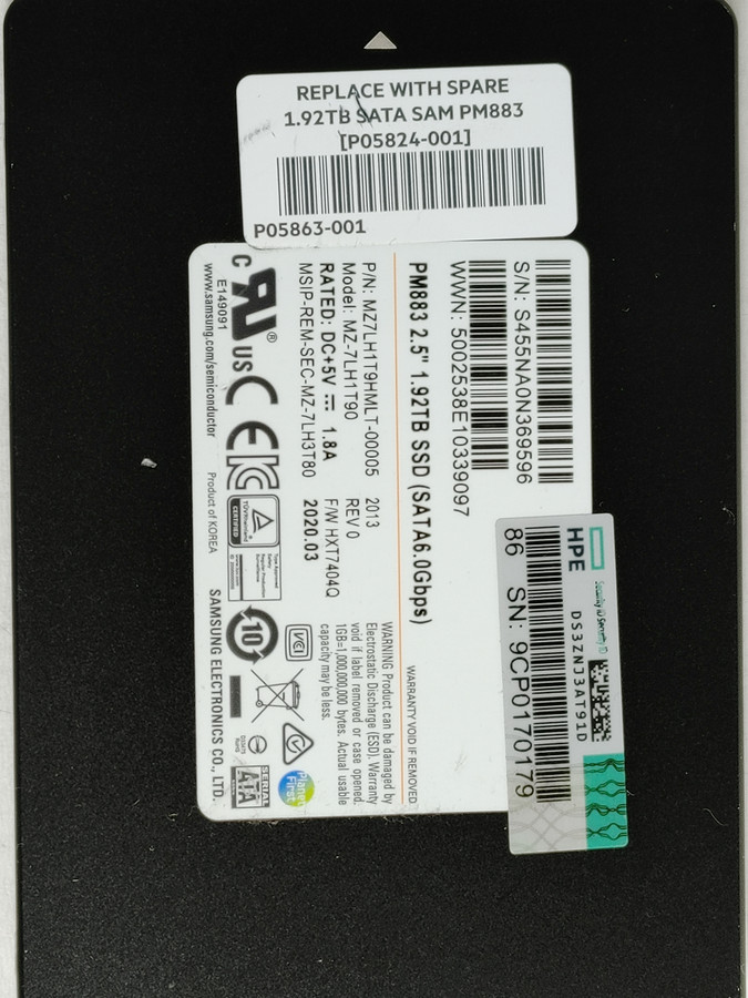 Lot of 2 Samsung HP PM883 MZ-7LH1T90 1.92TB SATA III 2.5 in Solid State Drive